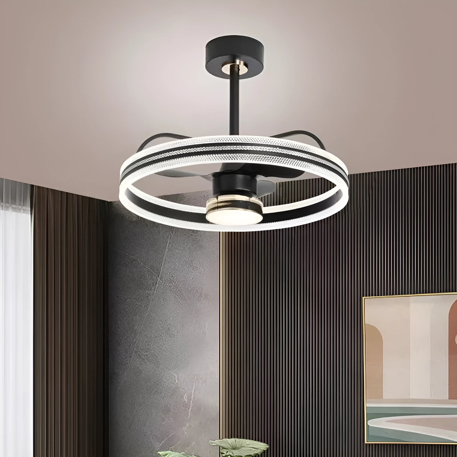 Chandelier-style ceiling fan light with remote control in black or gold finish