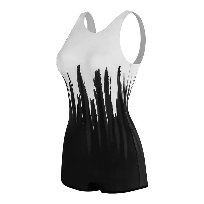 Black printed conservative one-piece sports swimsuit with polyester construction