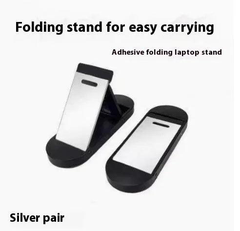 Folding aluminum alloy laptop bracket showing compact 4.8cm size with adhesive backing
