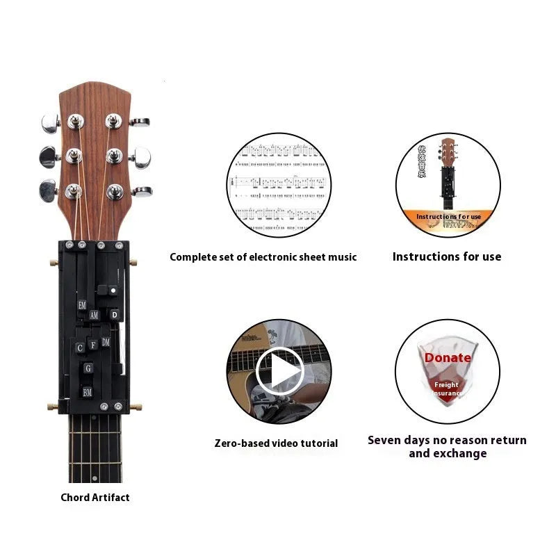 Black automatic chord practice device for folk guitar mounted on guitar neck