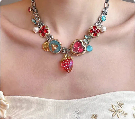 Red blue strawberry clock butterfly titanium steel necklace online exclusive for women