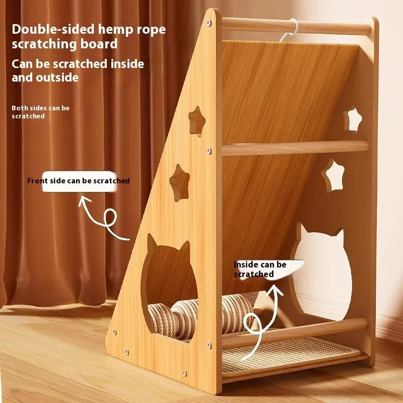 Vertical wall-mounted cat scratch board with sisal surface and a hanging cat teasing ball with rope