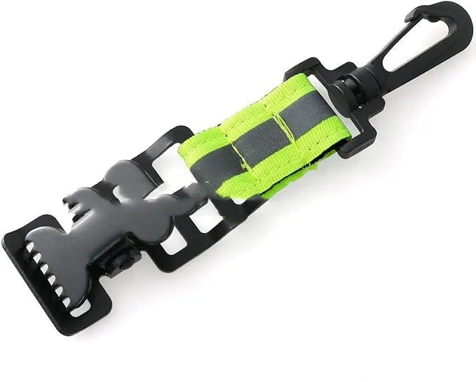 Fluorescent green metal safety clip for attaching gloves to workwear belts.