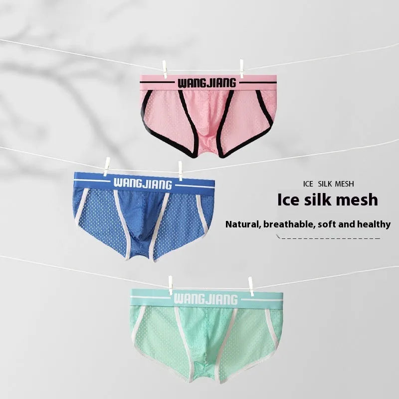 Men's ice silk mesh breathable triangle underwear in black, shown in a briefs style