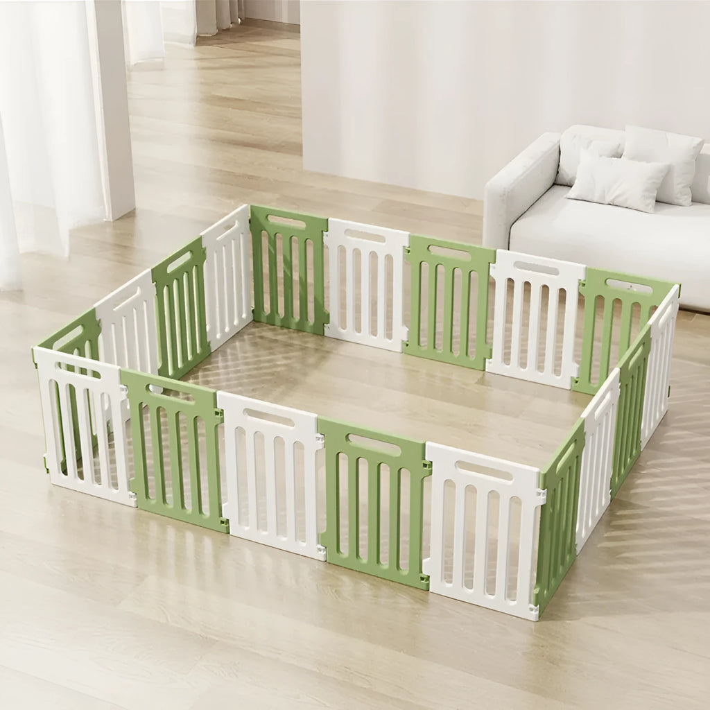 Plastic modular pet isolation fence panels assembled as indoor dog enclosure in white and green colour combination