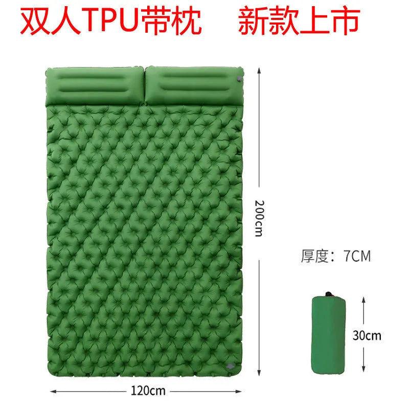Double camping air mattress inflated, showing widened design and colour options including army green and dark blue.
