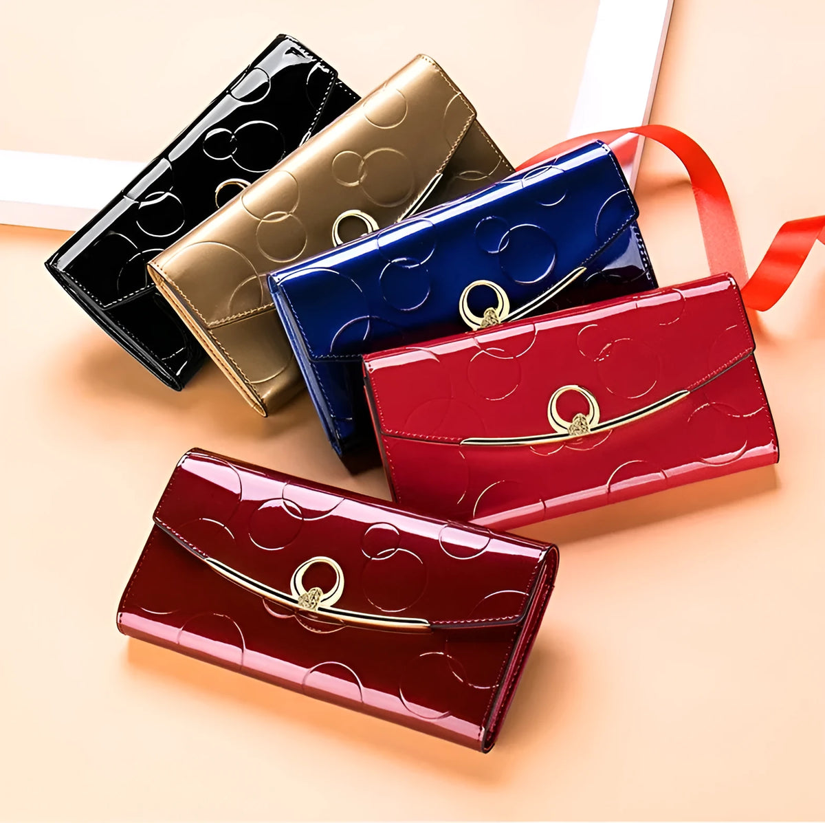 Women's genuine leather long wallet clutch with anti-theft card slots and multiple compartments
