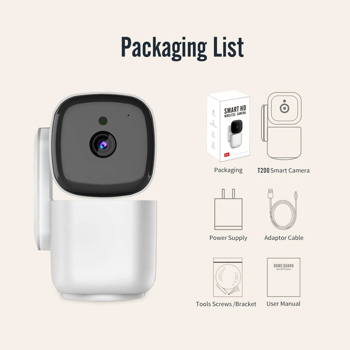 White PTZ home camera with 1080P clarity, night vision, WiFi, and screw fixed bracket for indoor monitoring