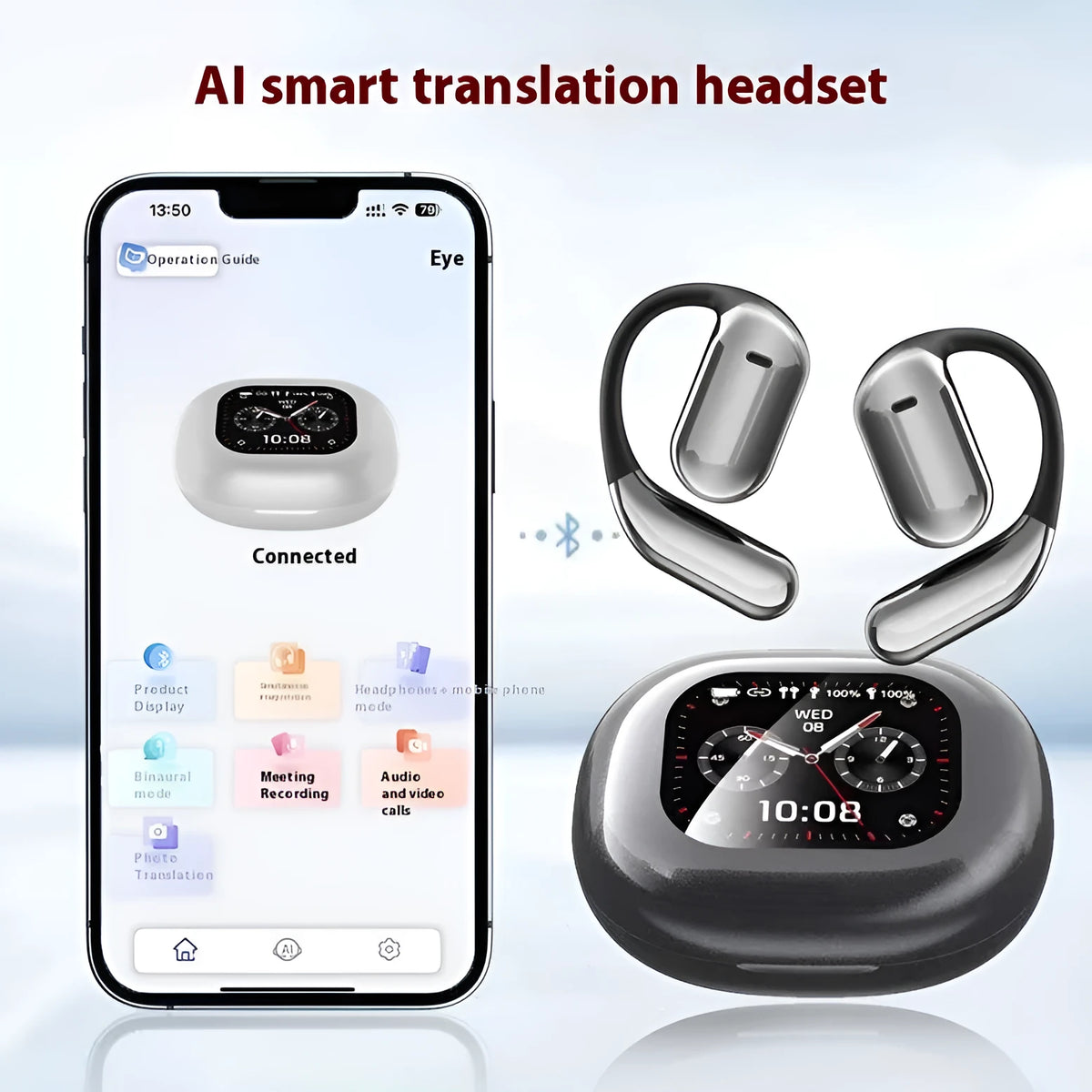 Ear-mounted Bluetooth headset with LCD colour screen and AI translation in silver, side view