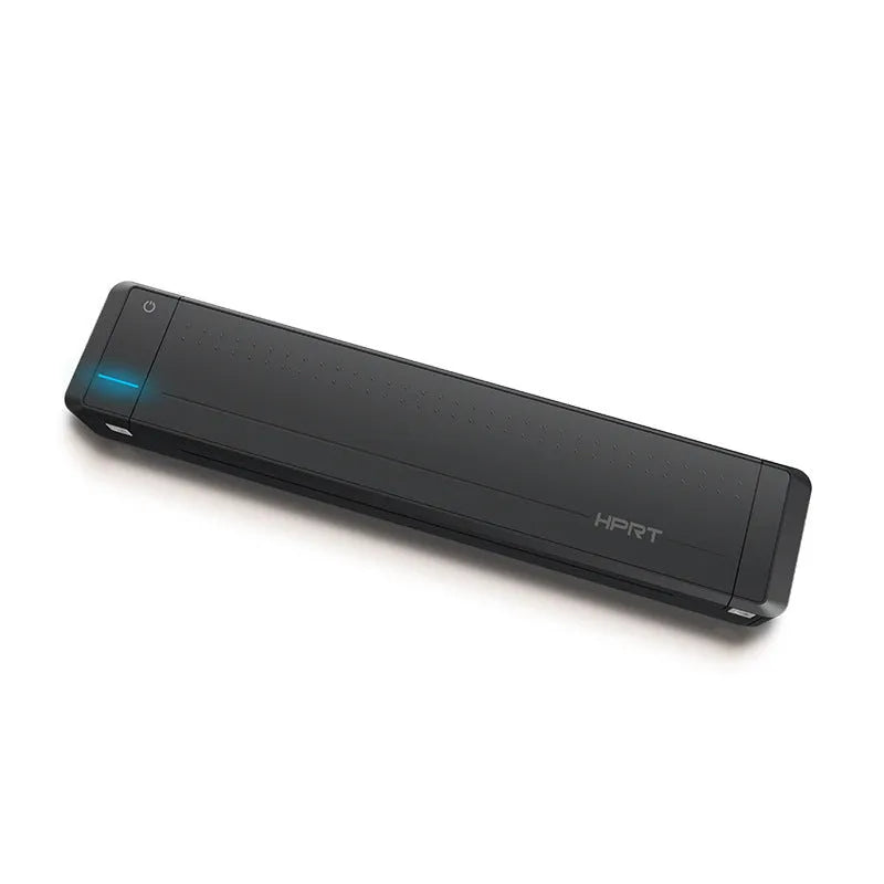 Black wireless Bluetooth A4 thermal printer, compact plastic body, USB Type-C, 198mm print width, 15mm/s speed