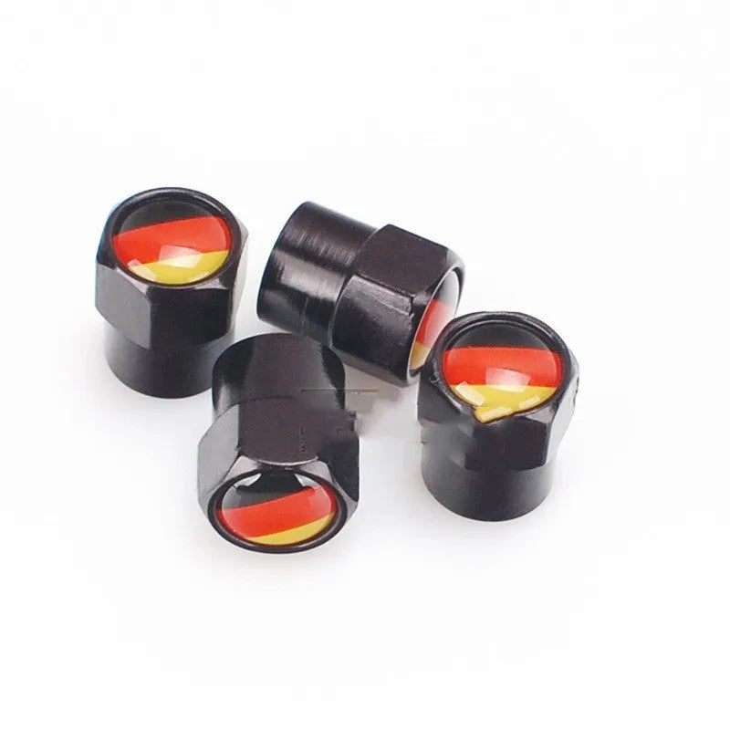 German flag valve cap black metal stainless steel 13mm by 9mm set of 4