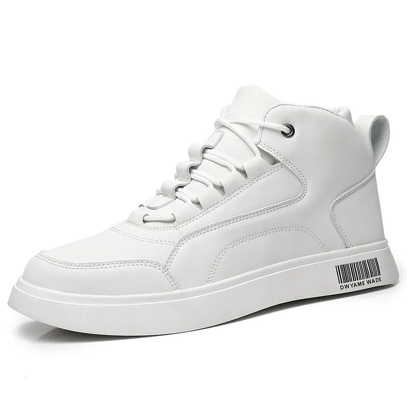 Men's white mid-top casual lace-up board shoes with a round toe and flat rubber sole.