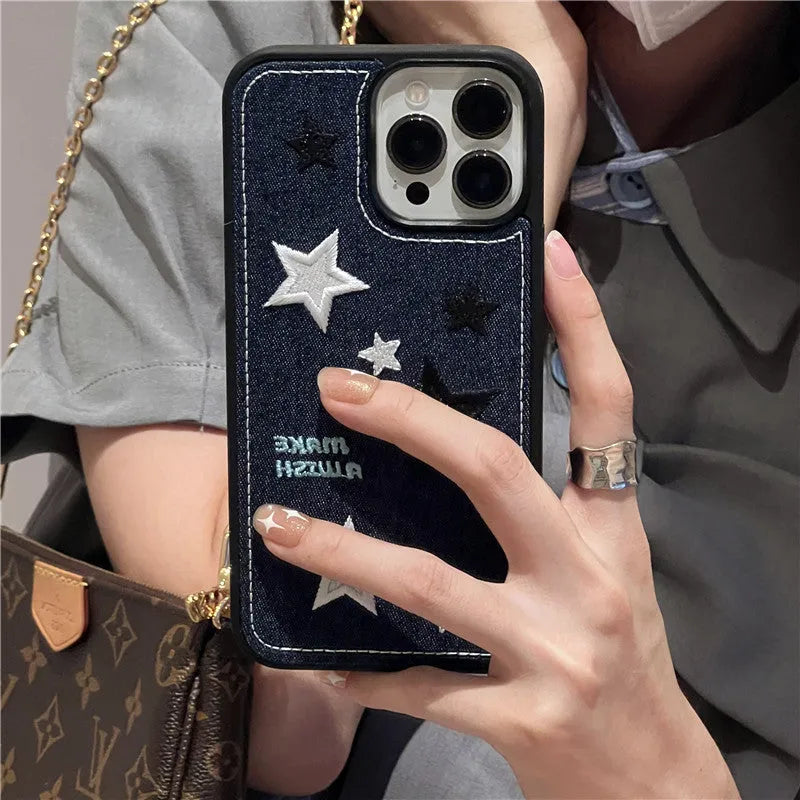 Cowboy embroidery star phone case protector in denim blue for iPhone