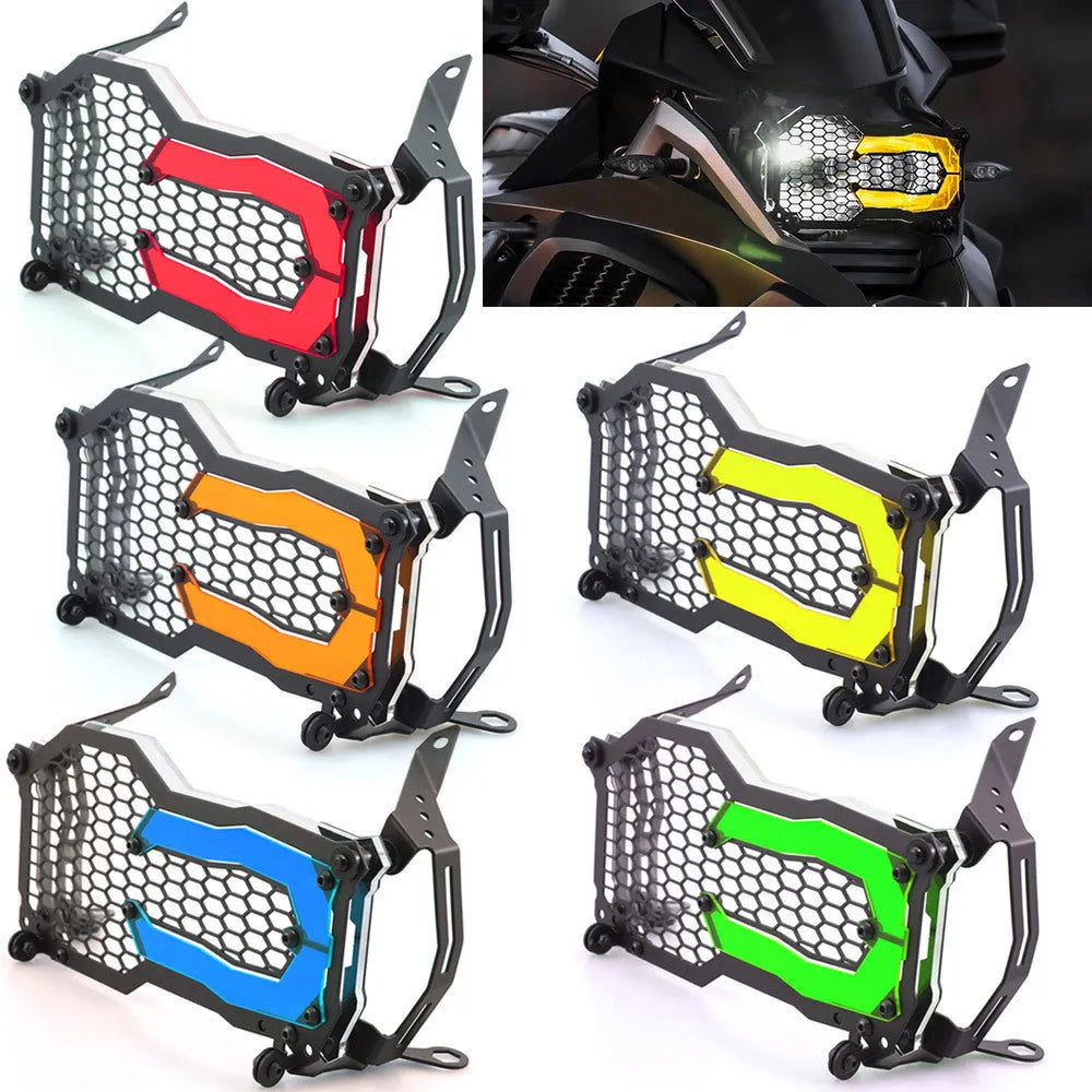 BMW motorcycle headlight protective cover in fluorescent yellow mounted on a GS adventure bike.