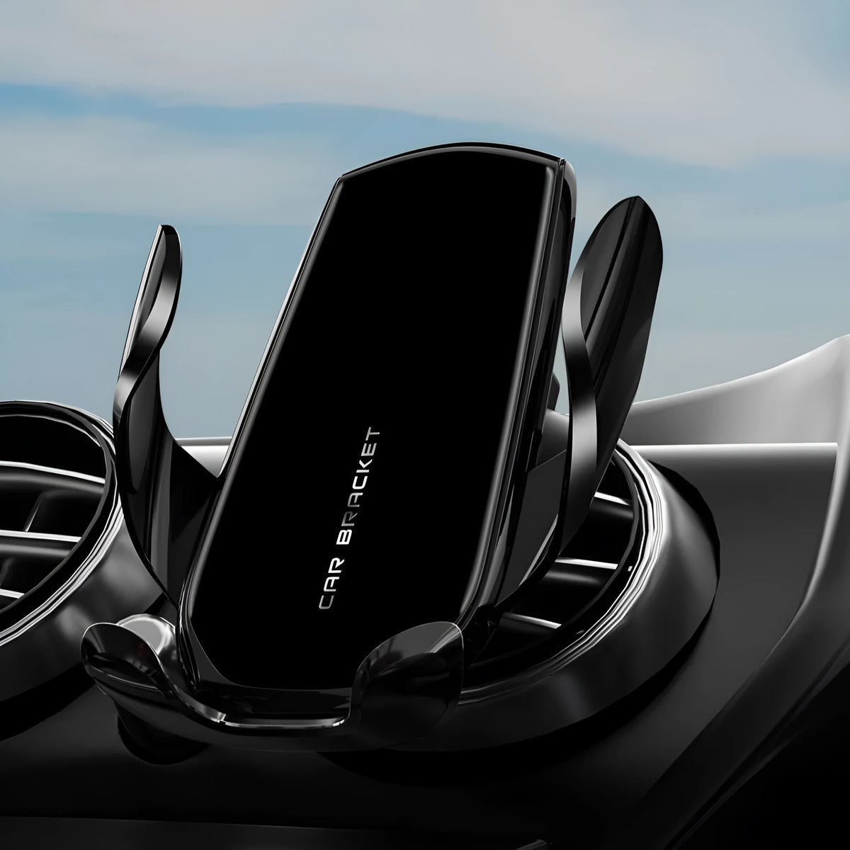 Car phone holder with wireless charging clipped to air vent, black colour