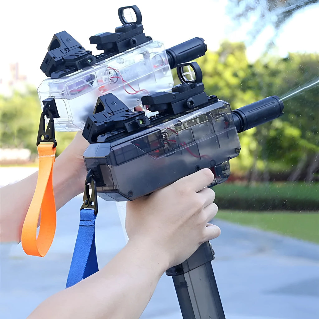 Electric water gun toy with transparent casing showing internal water level, includes sight glass and holoscope accessories