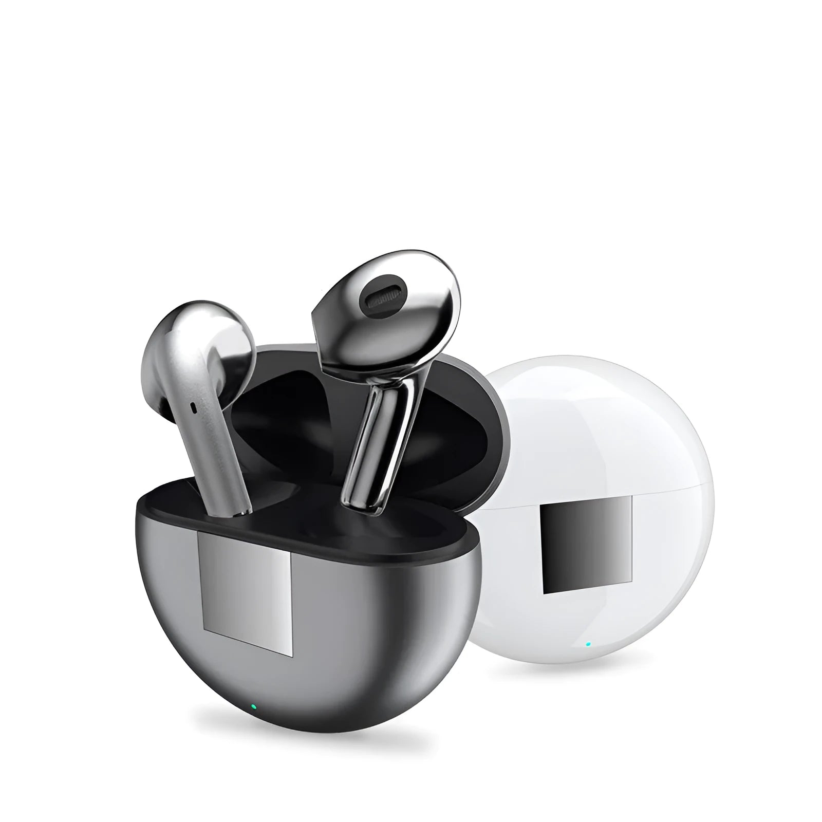 White Wireless Budz5 Bluetooth earbuds and charging case on a grey surface, showing semi-in-ear design.