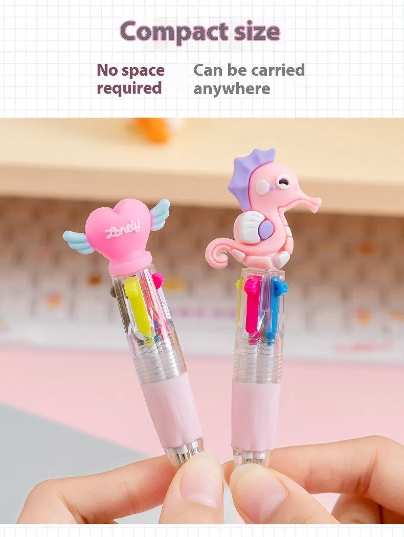 Cute cartoon themed four-colour press ballpoint pen with a 0.7mm tip.