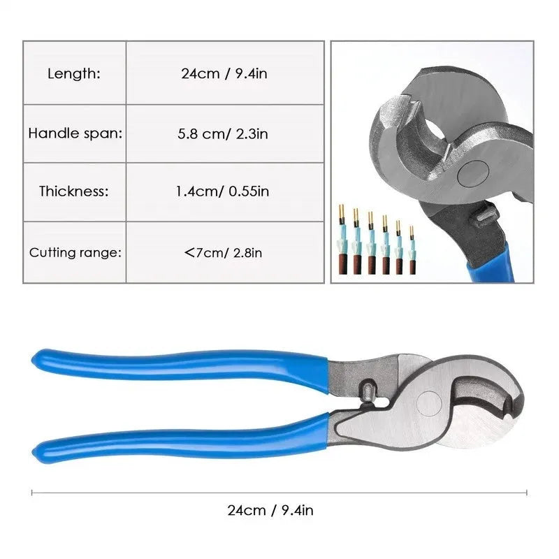 HX-50B aluminium handle crimping pliers with integrated large head cable cutter on a workbench.