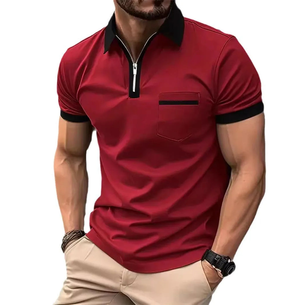 Men's loose fit short sleeve t-shirt with a chest pocket and zip trim on the front.