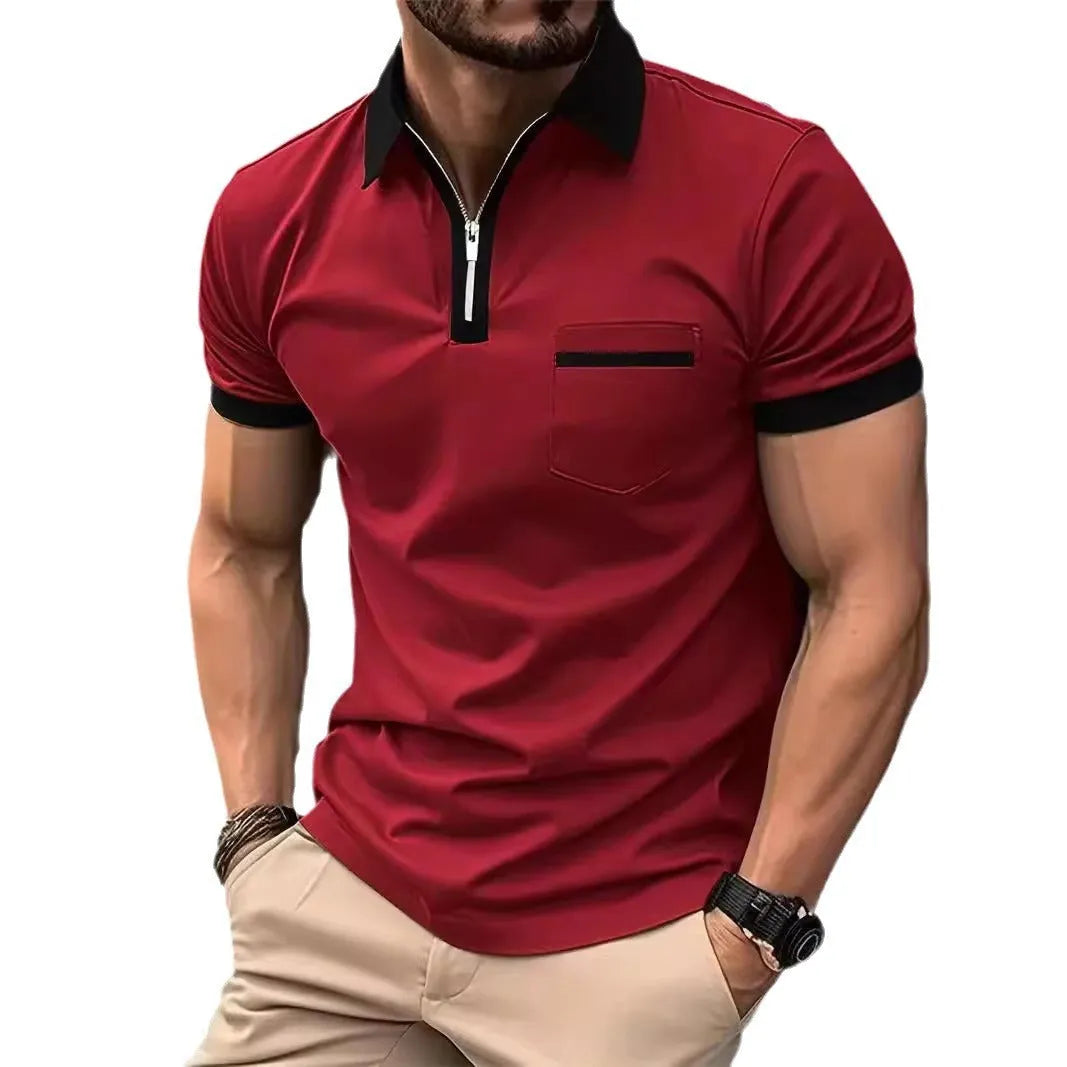 Men's loose fit short sleeve t-shirt with a chest pocket and zip trim on the front.