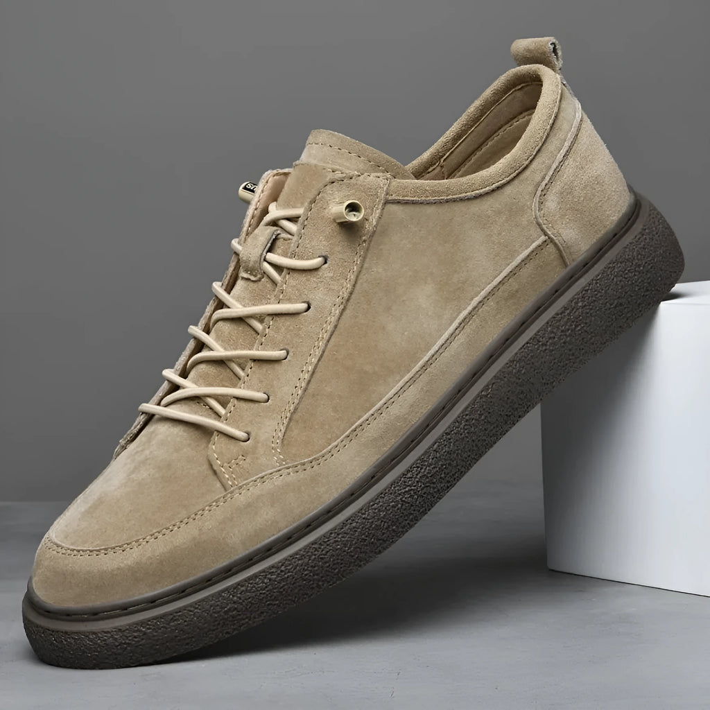 Men's high-top pigskin leather sneakers in khaki, sand or brown with flat heel and round toe, sizes 38-45