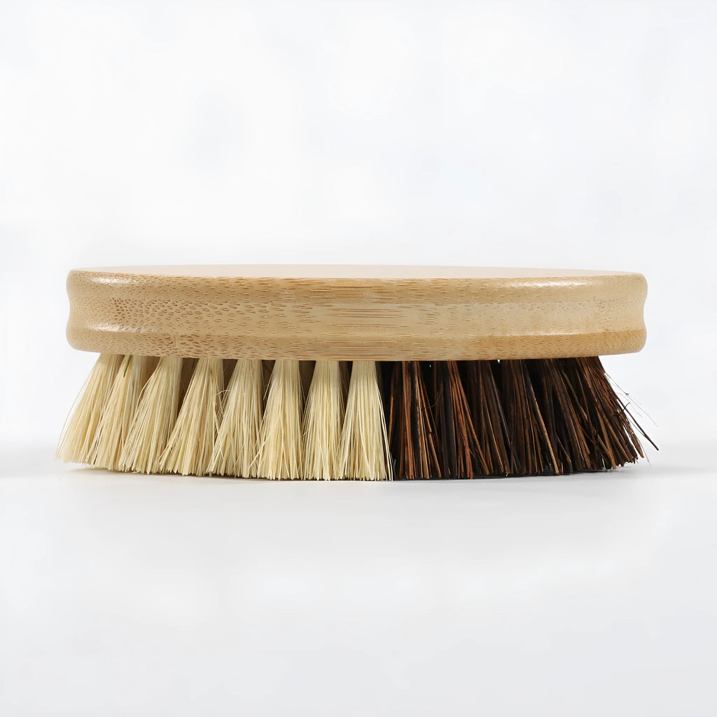 Bamboo vegetable brush with two-tone painted finish and oval shape for cleaning fruit and vegetables