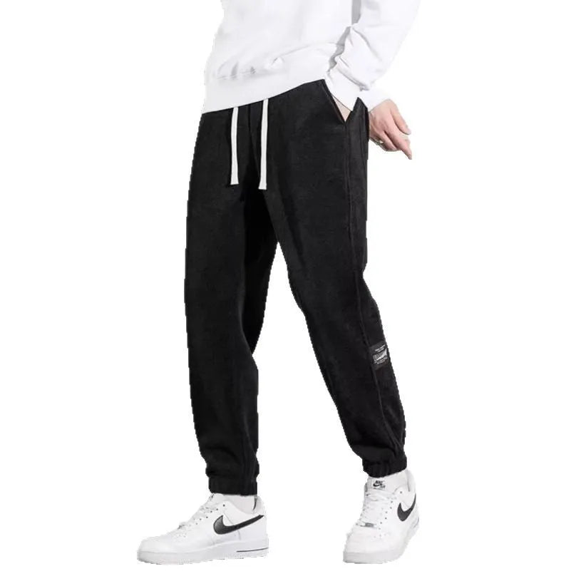 Men's loose straight sweatpants in dark gray, black or dark brown, cotton blend, drawstring mid waist, sizes M-5XL