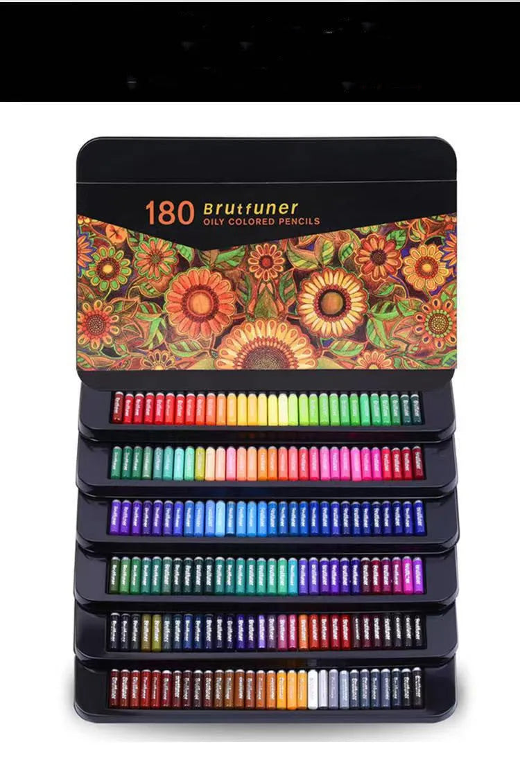 180-colour oily drawing pencils in wooden shells with tin box storage for art supplies