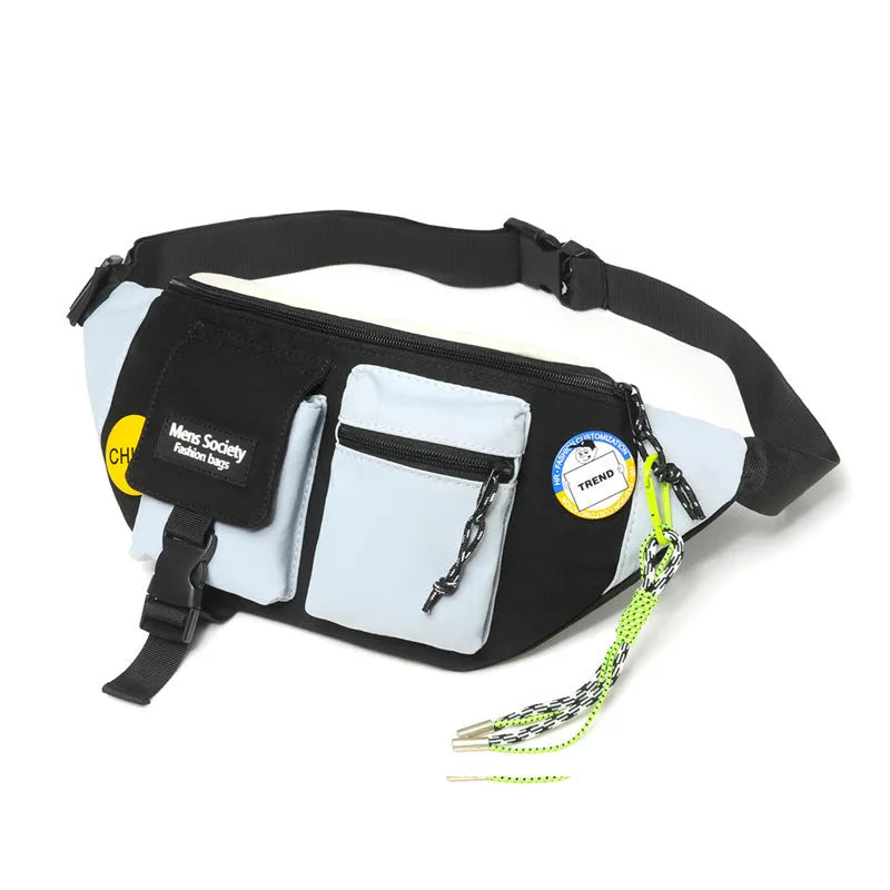 Men's casual crossbody sports canvas waist bag in black ribbon green lanyard with sewing thread detail