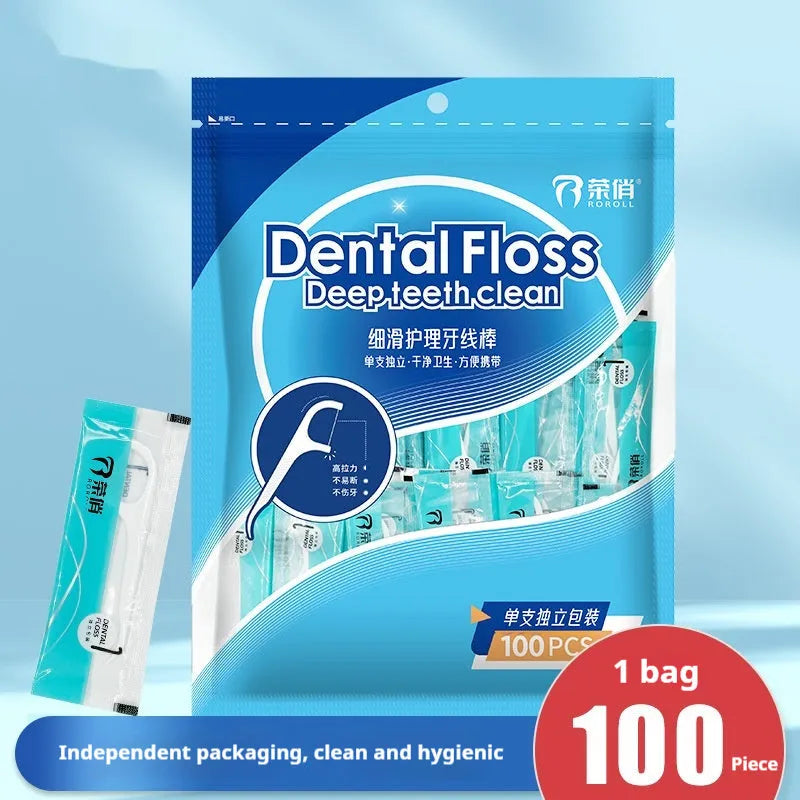 Disposable plastic dental floss bags with independent packaging, showing 100 pack offer and 180 x 238 mm size.