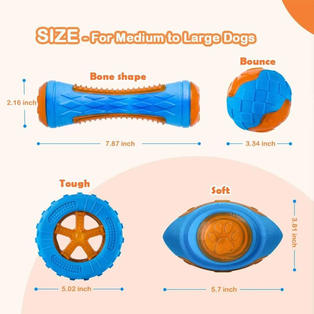 Set of three floating squeaky dog toys: a ball, barbell, and tyre on a blue background.