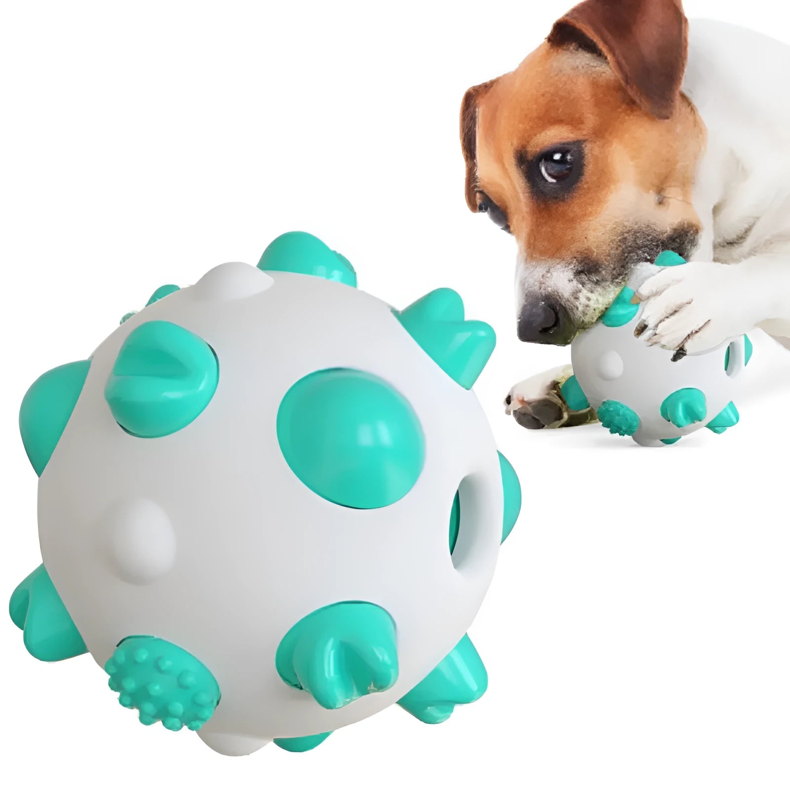 Blue green and yellow dog teething chew ball with textured bumps and hollow treat compartment