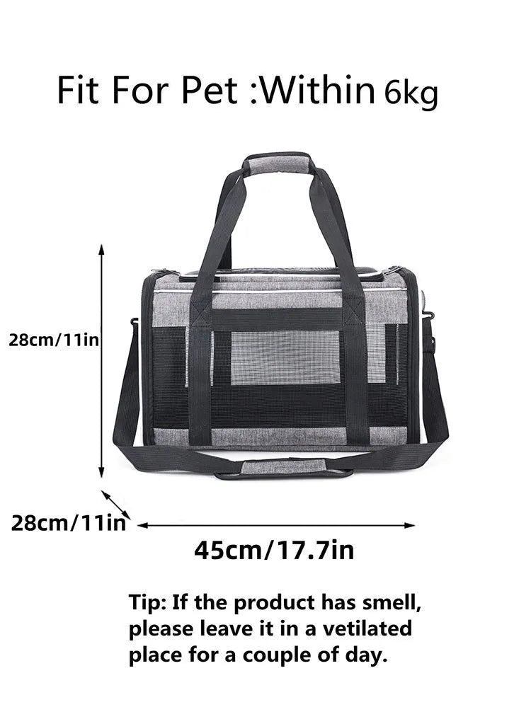 Portable grey and blue edge Oxford fabric pet bag for dogs and cats.