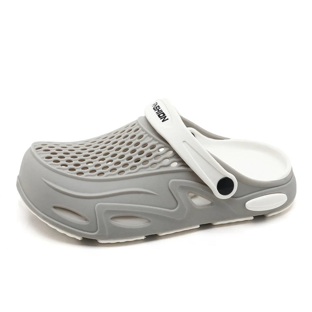 Men's grey closed toe beach slippers with a grid pattern and non-slip EVA sole.