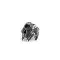 Close-up of a silver-toned alloy ring with a detailed one-eyed skull design on a finger.
