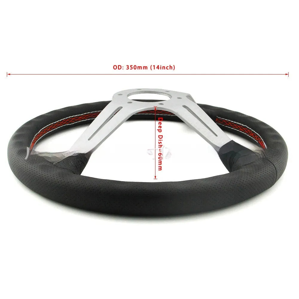 Leather-wrapped 14-inch steering wheel with concave centre and silver metal skeleton frame