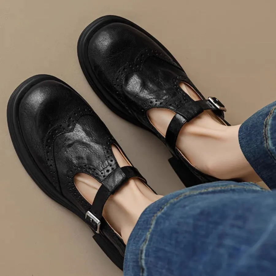 Women's sheepskin hollow flower loafers, round toe, T-strap, brown or black, mid heel 3-5cm, sizes 35-40