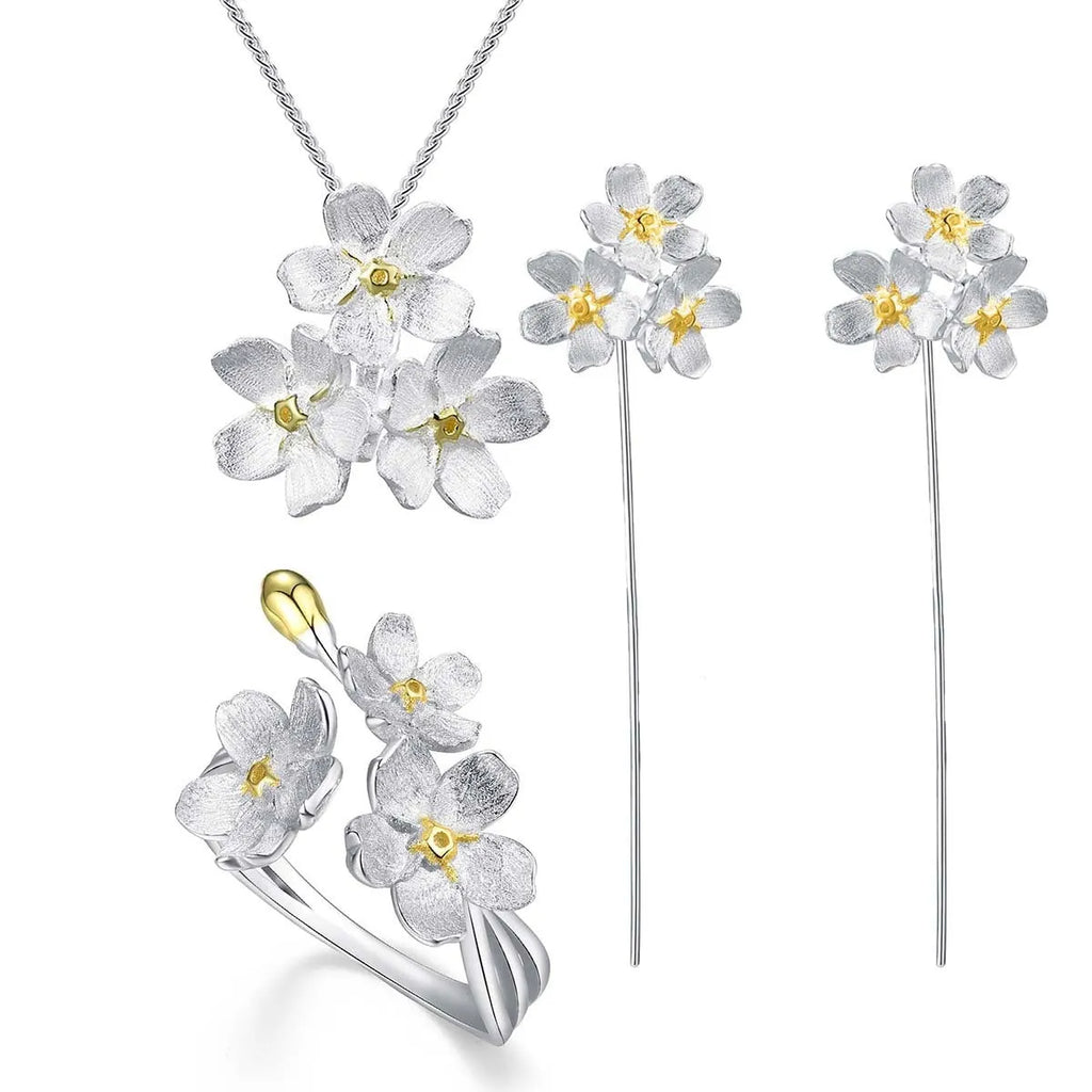 Myosotis Sylvatica sterling silver flower pendant with electroplated gold or silver finish, hand-designed pastoral jewellery