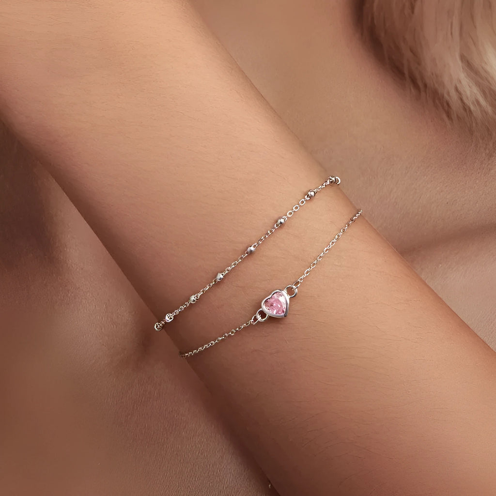 Women's sweet style 925 sterling silver bracelet with heart-shaped pendant on adjustable chain