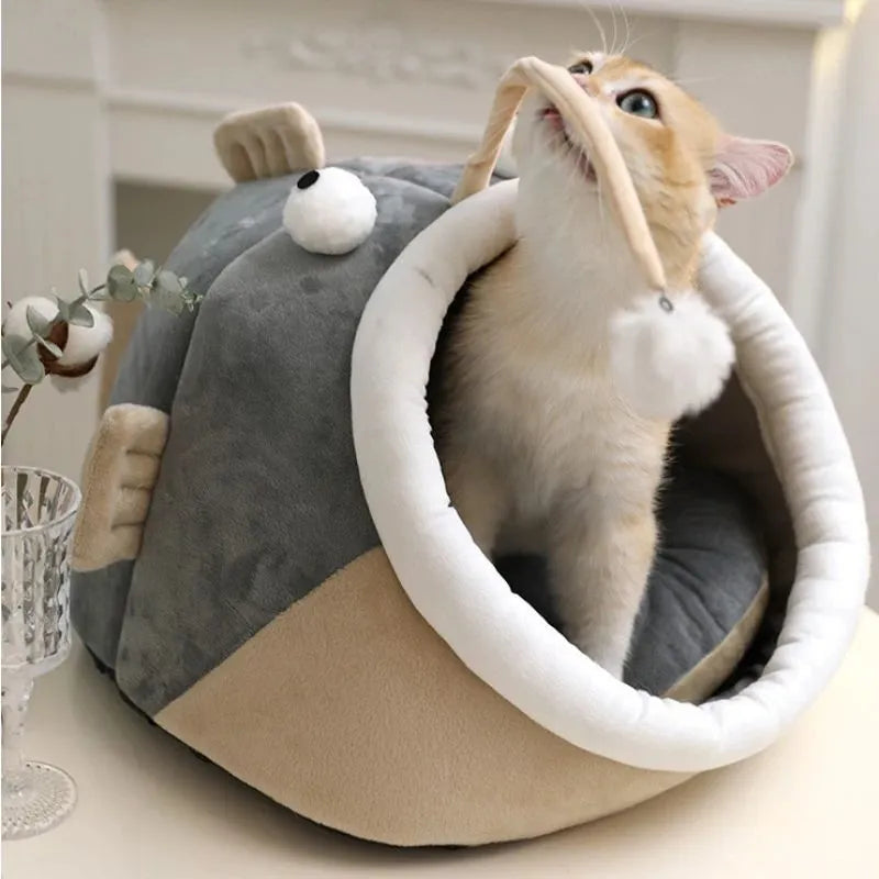 Grey deerskin velvet semi-closed cat house showing interior space and three size options