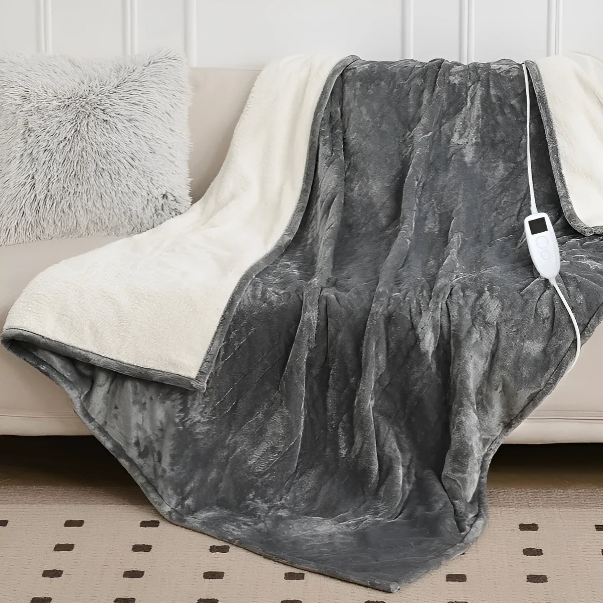 Gray cotton adjustable electric blanket on bed with three size options 90x140cm 130x180cm 210x180cm