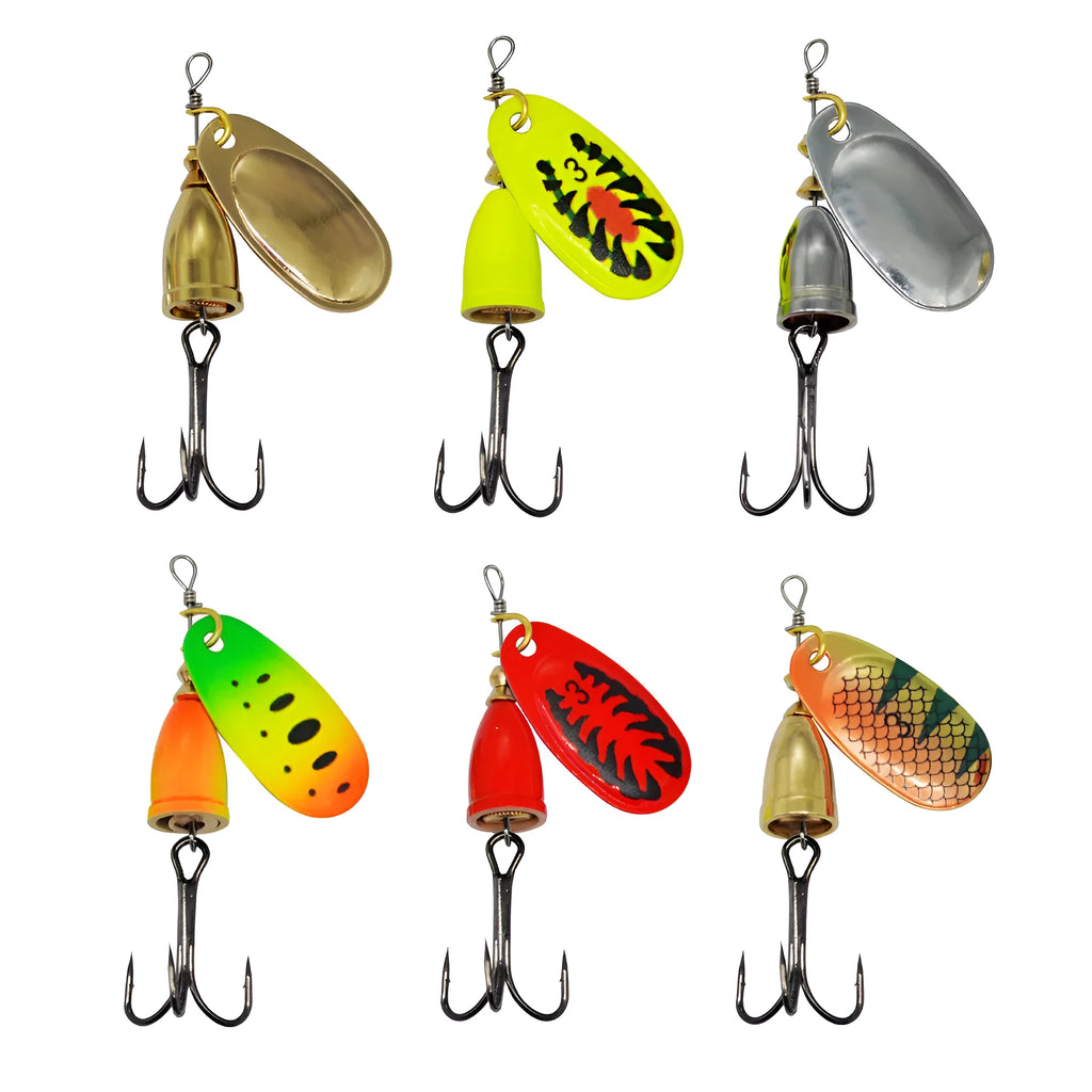 R composite rotating sequin copper bell metal fishing lure in seven metallic colour options.