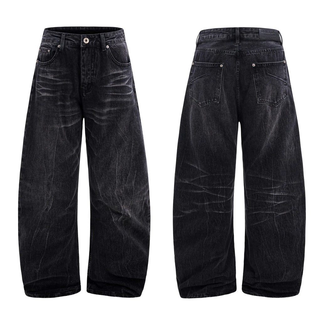 Men's black American washed straight-leg jeans with lightning crack pattern detail