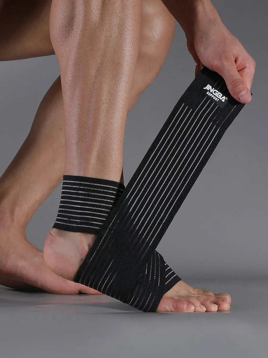 Adjustable black sports bandage for ankle support during running and basketball.