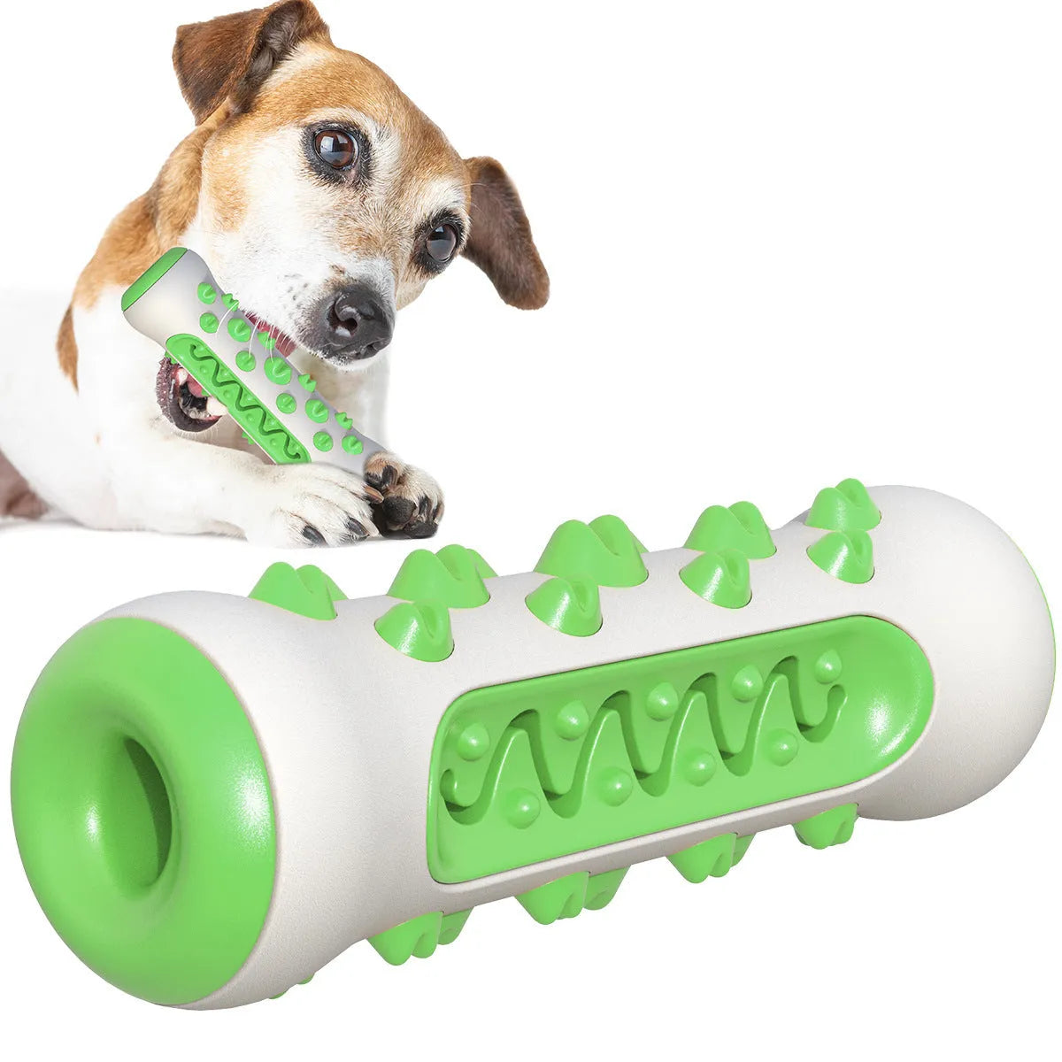 Natural rubber dog toothbrush chew toy in blue, green, yellow or black-blue for dental cleaning