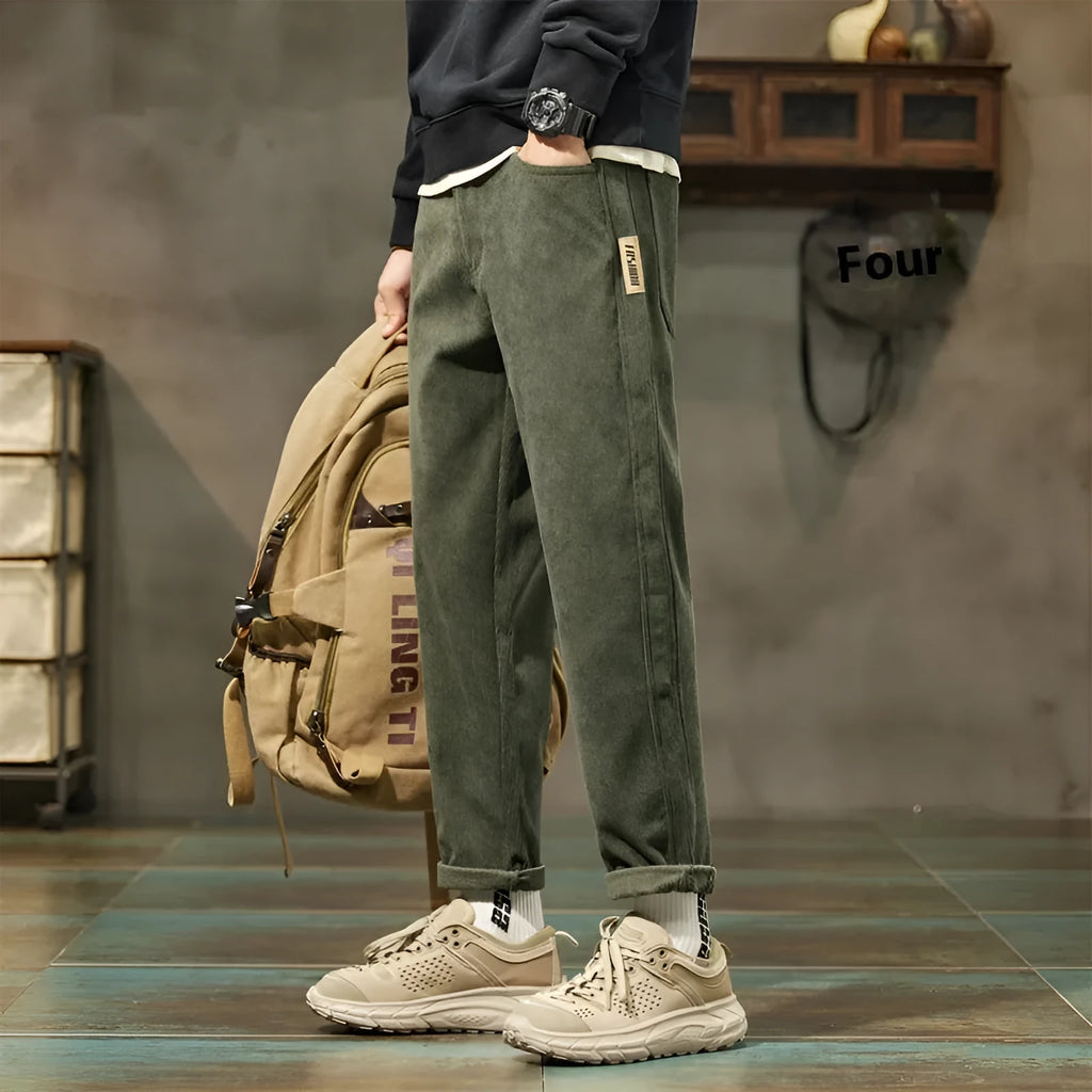 Men's tapered corduroy trousers in straight-leg cut available in multiple colours including Army Green and Black Plus Velvet Style