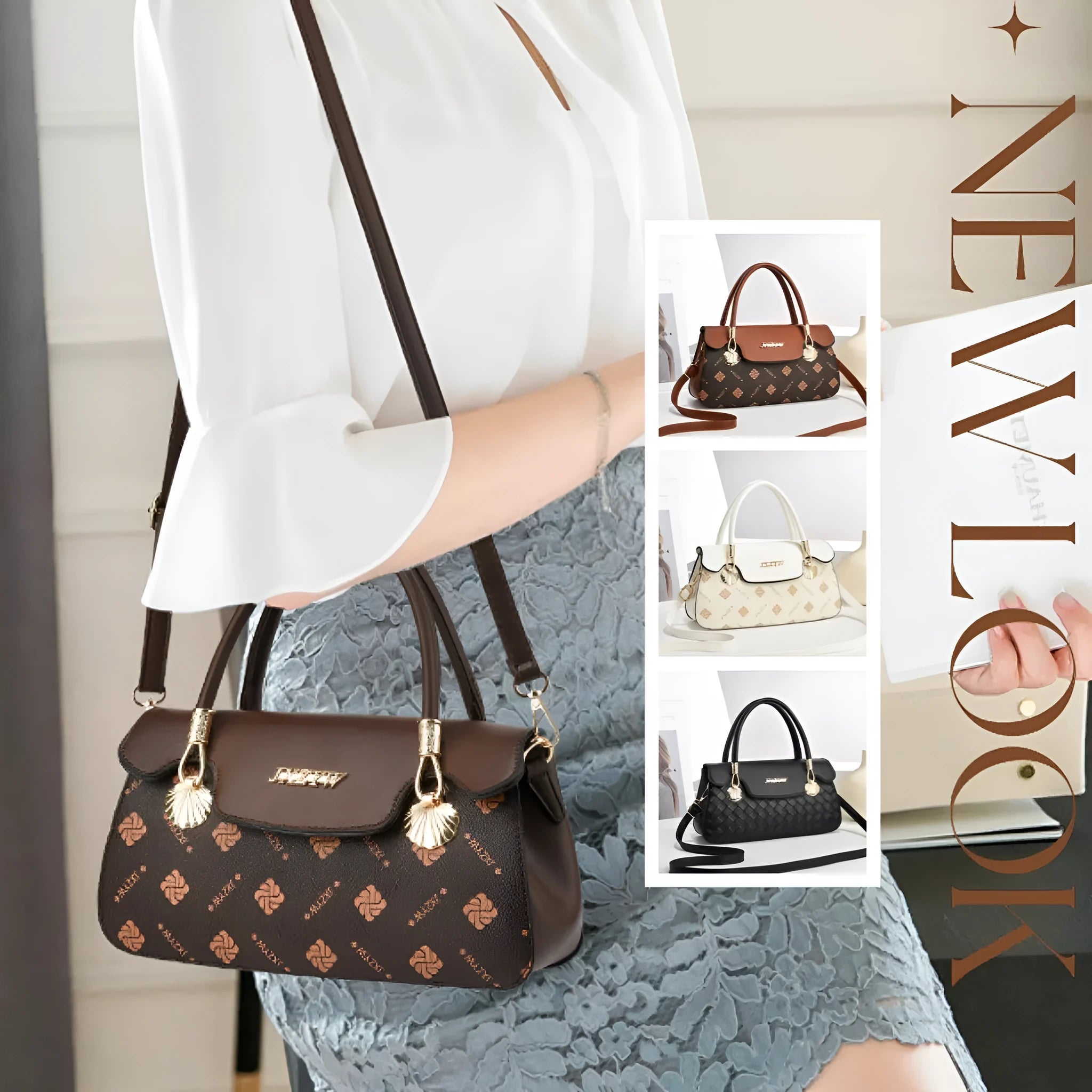 Vintage letter-printed women's cross-body bag in PU leather, brown colour, 28x9x15cm size