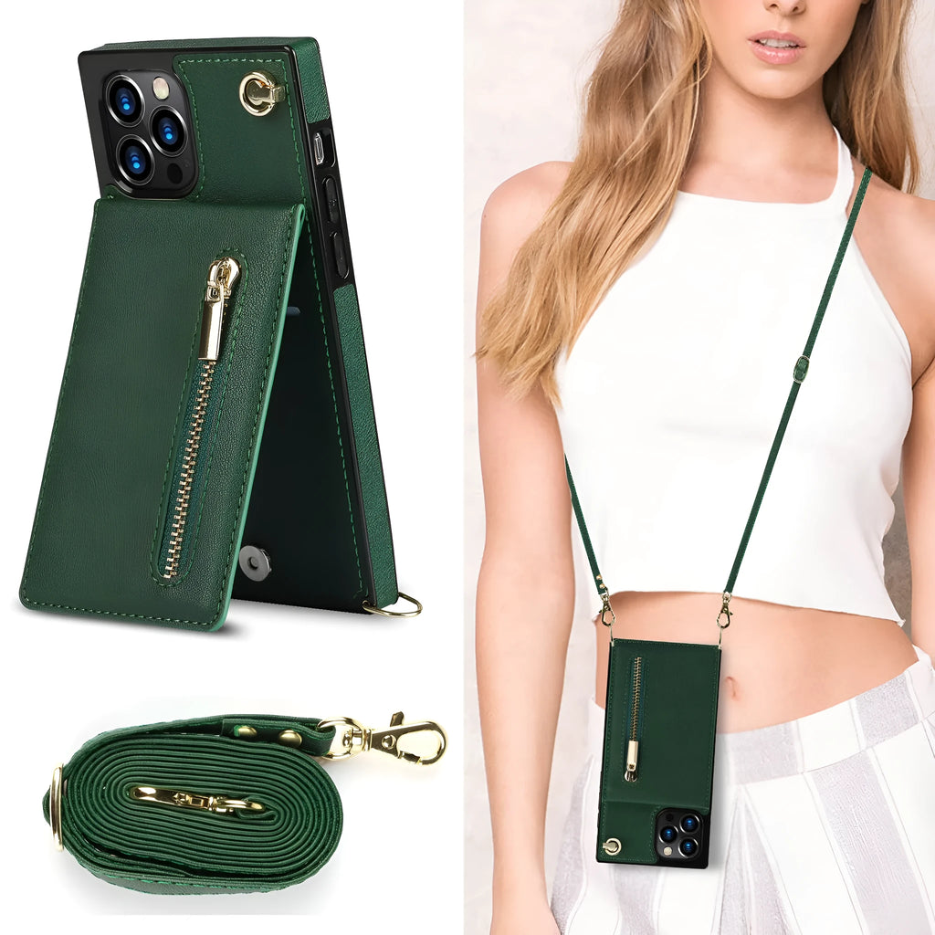 Black leather and TPU mobile phone case shown on a Samsung Galaxy S21 smartphone.