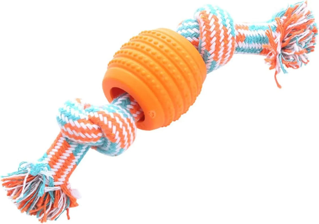 Set of blue and green rope and soft molar chew toys for dogs on a white background.